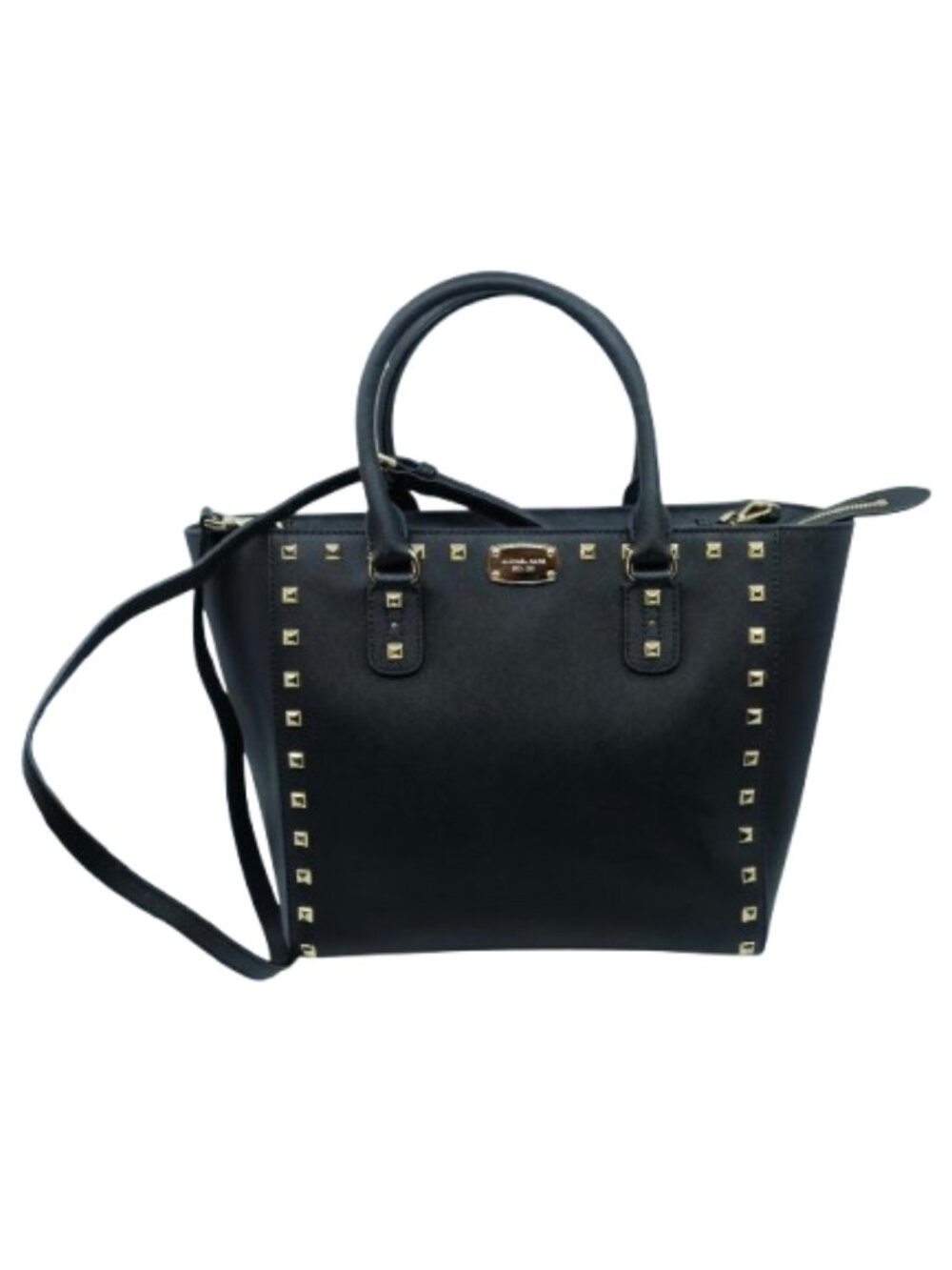 MICHAEL KORS~Sandrine~GOLD STUDDED BLACK LEATHER LARGE SHOULDER TOTE BAG